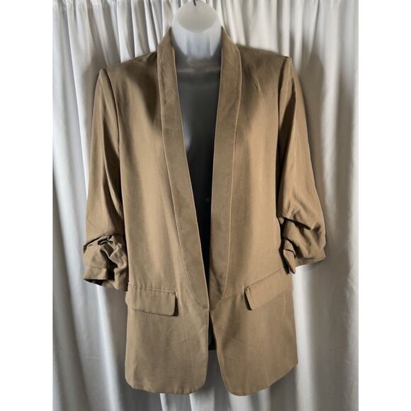 ZARA Flowy Ruched Sleeves Oversized Open Blazer, Khaki/ Taupe, Sz: M, 84-15 - Picture 2 of 16